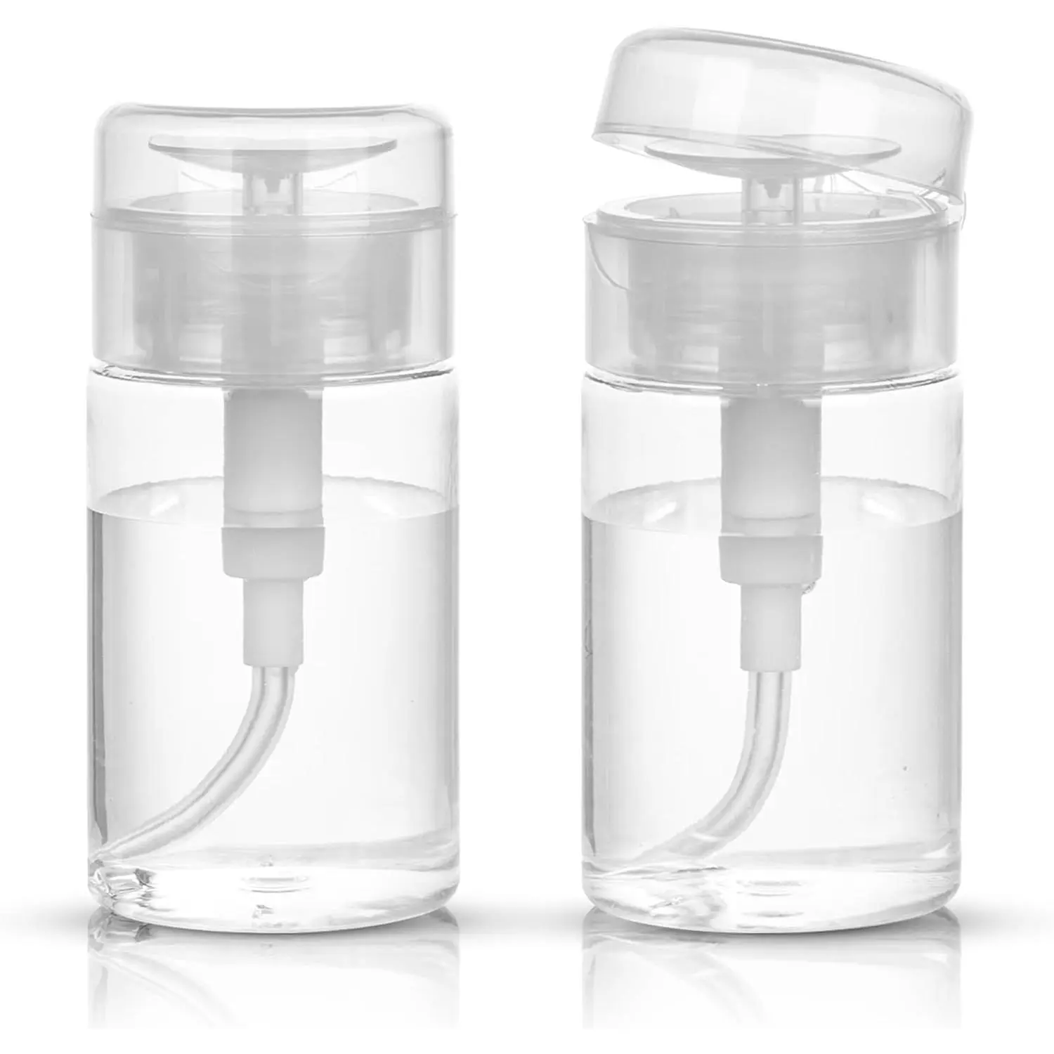 Polish Remover Pump Dispenser, 2 Pack Acetone Safe ABS Bottle with Lockable Flip Cap - 200ml (6.8oz) Empty Push Down Container for , Toner & Makeup Remover (Clear, 100ml, 2 Pack)