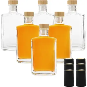 6 Pack Glass Liquor Bottles, 6 Oz(200ml) Square Glass Bottles with T-Top Cork and Shrink Capsules, Heavy Base Hot Sauce Bottle Vodka Bottle for Wine, Whiskey, Vodka, Beer, Soda