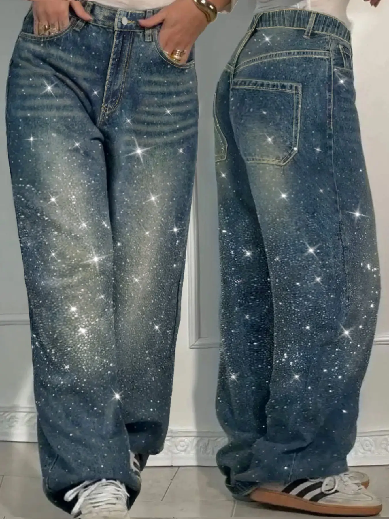 Plus Size Dark Vintage Wash Rhinestone Embellished Wide Leg Loose Baggy Denim Jeans, Elastic Waist, Y2K Glam Casual Streetwear for Festivals & Clubs