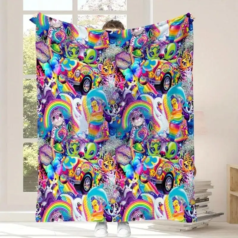 Vintage Lisa Frank Alien Rainbow Maximalist Flannel Blanket | 90s Y2K Nostalgia Hippie Bus Tiger Dolphin Kawaii Kidcore Cozy Throw for Dorm Bedroom Decor,Flannel blanket,Christmas Gift,Christmas