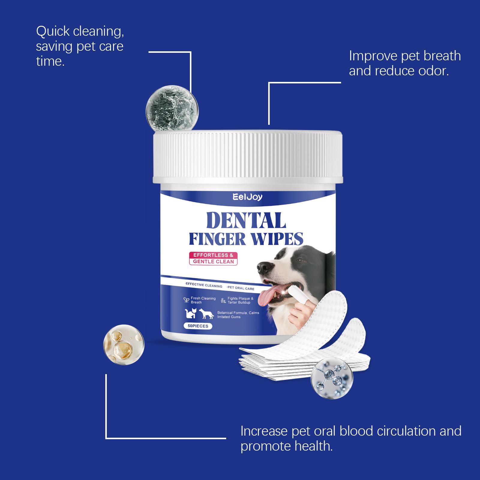 EelJoy Dental Finger Wipes for Pets - Gentle Ingredients for Oral Health - Remove Stains Whiten Teeth Reduce Tartar Plaque - 60 Pieces - Sodium Bicarbonate & Sorbitol Formula