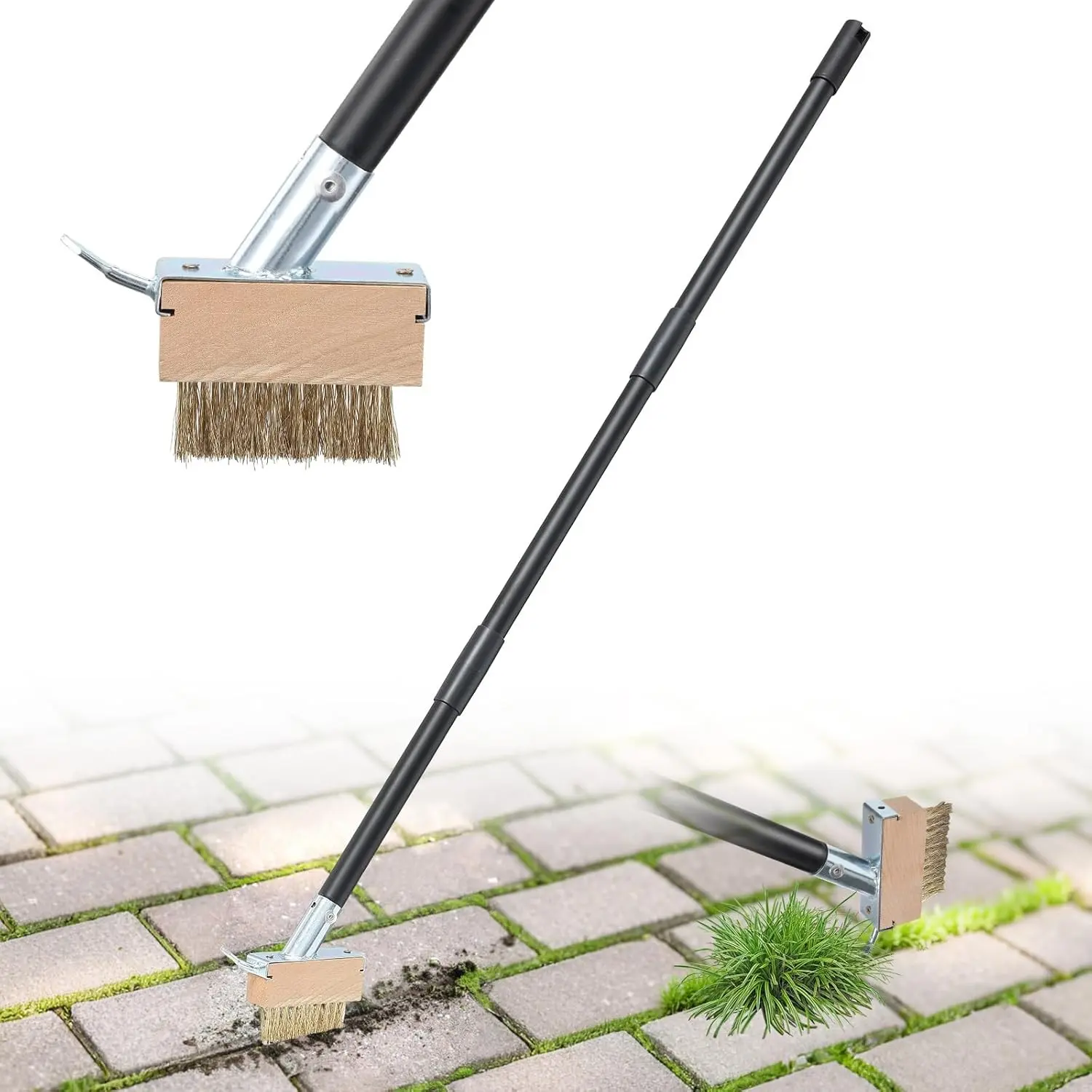 Manual Crevice Bristle Brush Weeder with 45-in Handle Tool, Crack Weeding Moss Remover for Deck, Patio, Sidewalk Cleaning