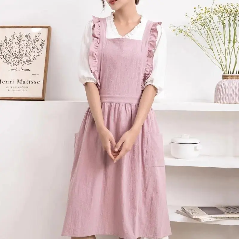 Japanese Korean Cute Lovely Cotton Kitchen Ruffled Aprons, Vintage Baking Apron with Pockets for Chef Cooking Baking Gardening