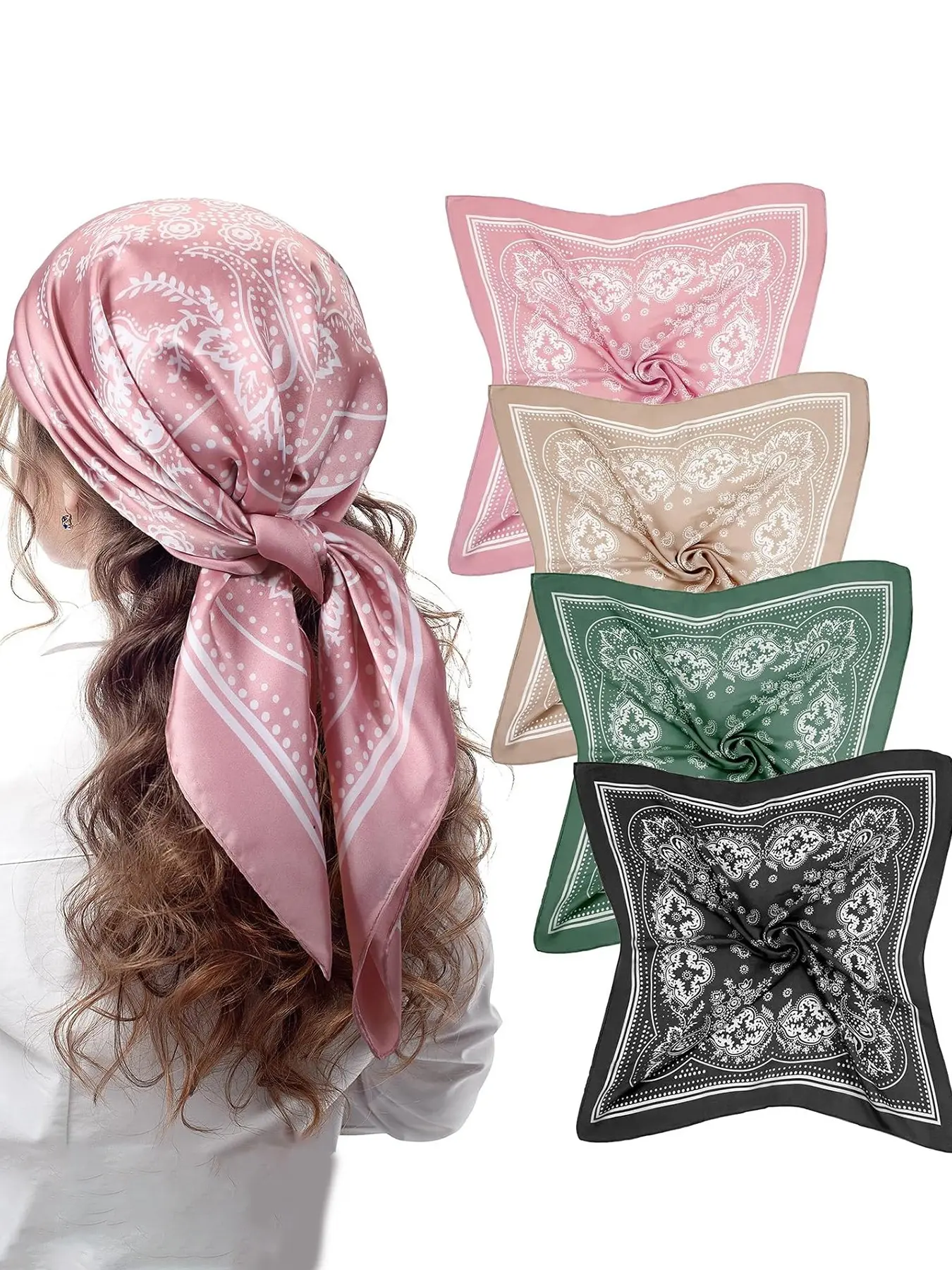 4 Pcs 27inch Square Satin Bandanas for Women, Paisley Head Scarves Neck Hair Wrap Large Handkerchief Headwear Headband, Polyester Scarf, Summer Scarf