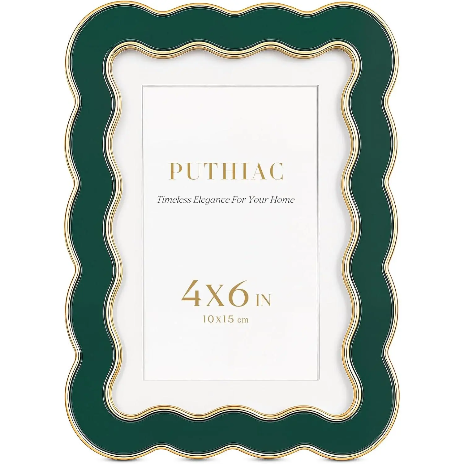 4x6 Scalloped Wavy Metal Picture Frame, Gold Edge, Hidden |   Jade green enamel-look inlay, iron frame, tempered glass, 3x5 mat, wall/tabletop display for desks, shelves, gallery walls