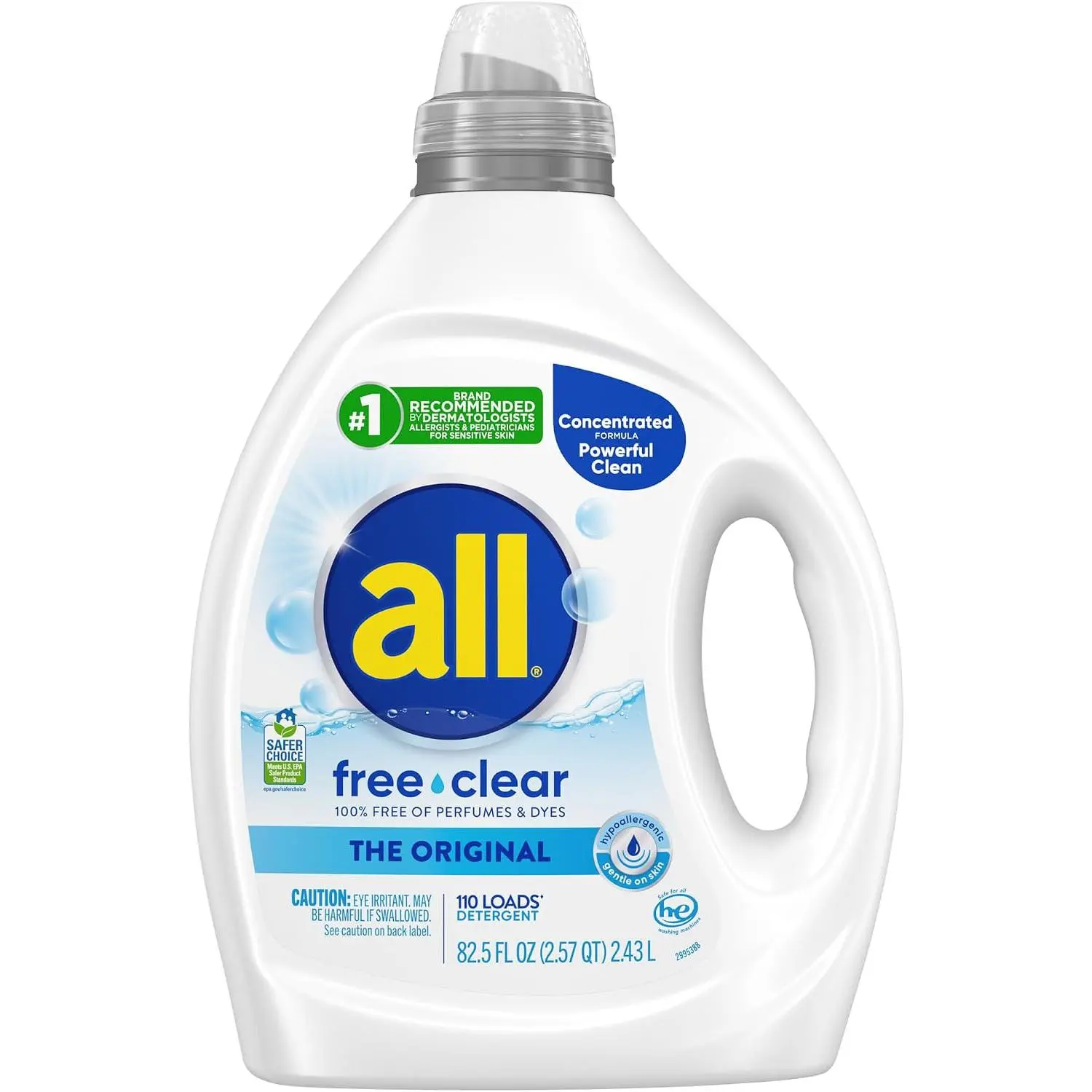 Unscented Hypoallergenic Liquid Laundry Detergent fits Sensitive Skin, Concentrated Formula, 82.5oz Bottle, 110 Loads