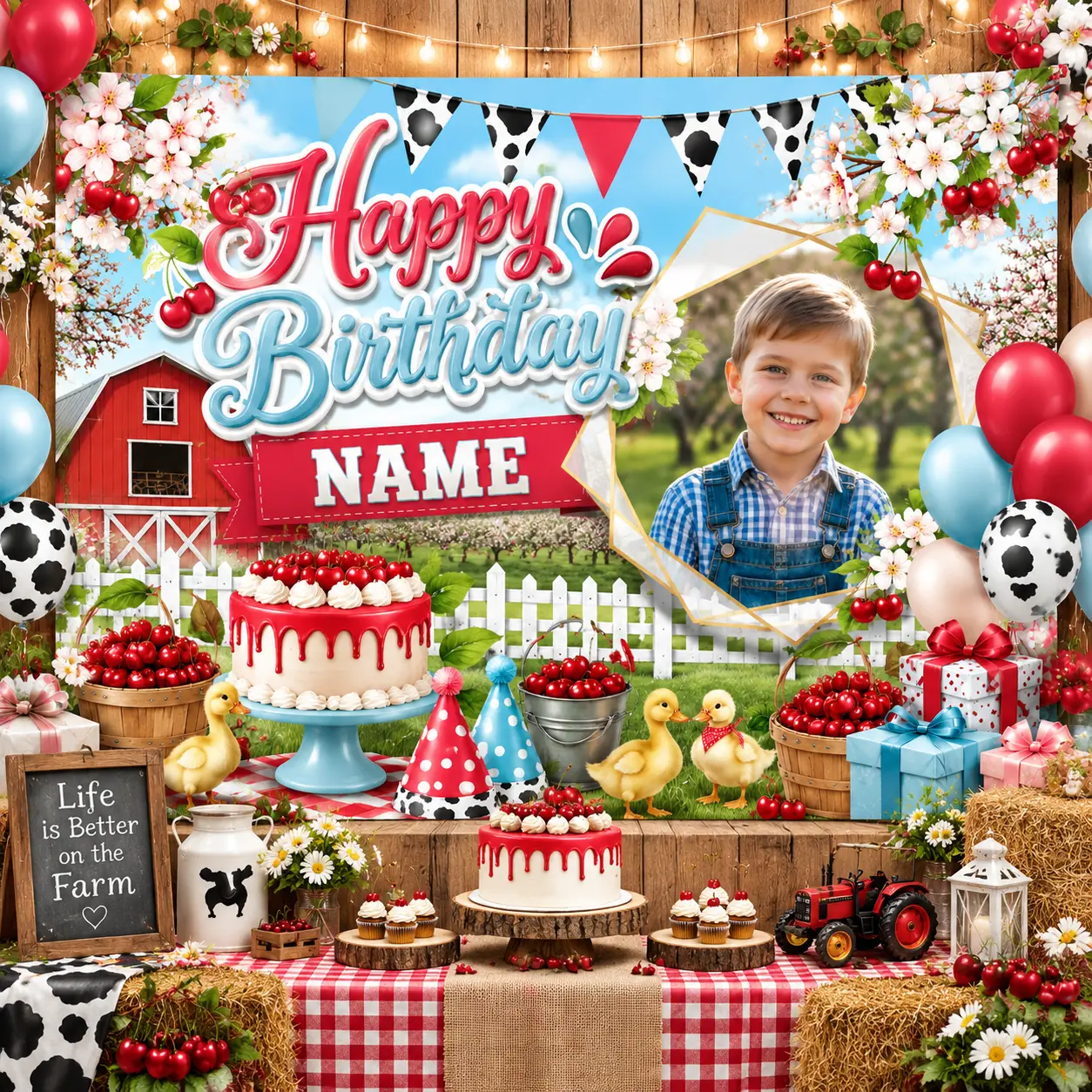 Personalized Red Barn Birthday Backdrop, Custom Photo & Name Country Farm Banner with Animals Balloons Cake, Kids Party Photo Booth