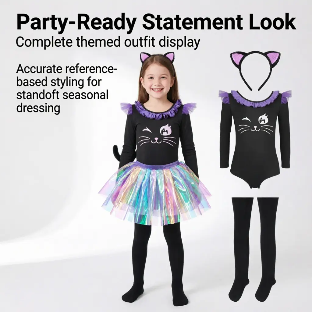 Girls' Black Cat Halloween Costume, 4-Piece Kids' Cosplay Outfit with Long-Sleeve Leotard, Iridescent Tutu Skirt, Cat Ear Headband & Tail for Party Dress-Up