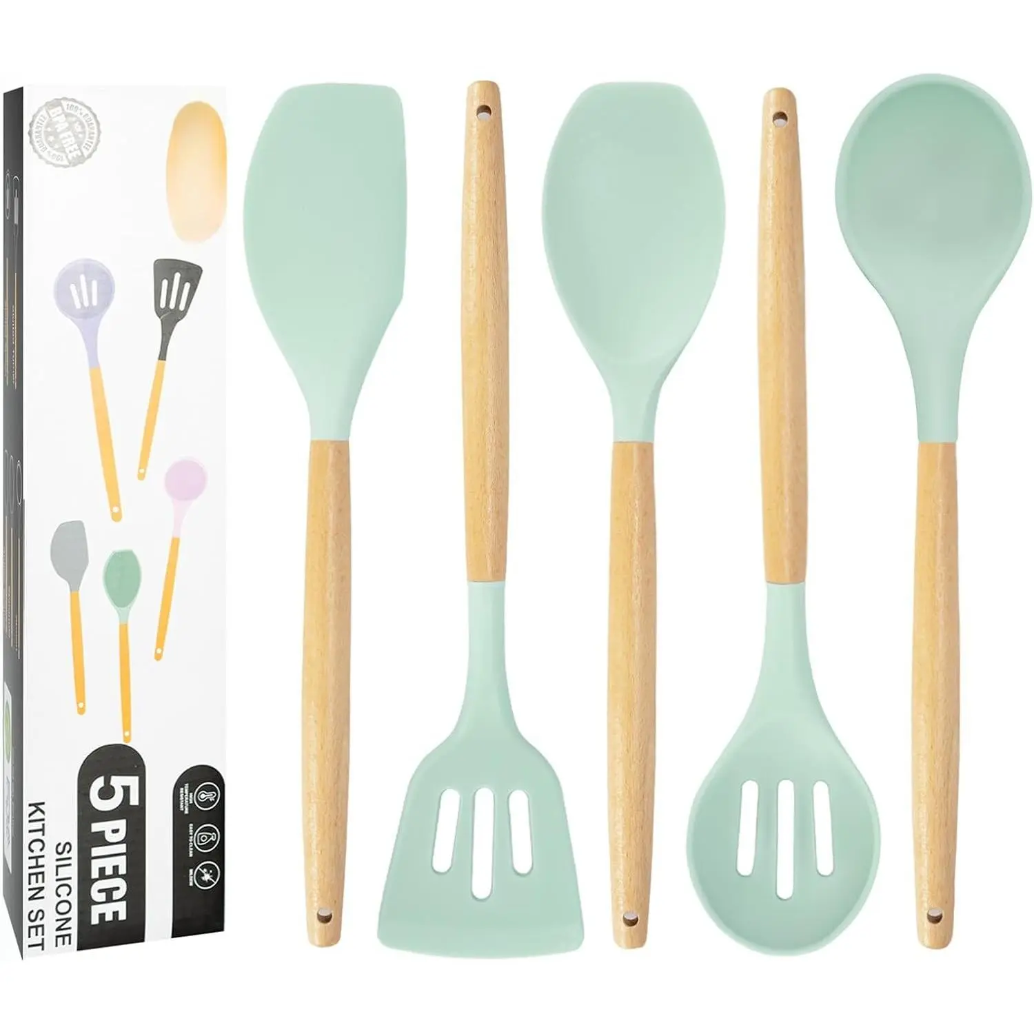 Kitchen Utensils Set, 5 count Non-Stick  Kitchen Cooking Utensils with Wooden Handle, Kitchen Spatula Cookware Utensils Set, Heat Resistant  Kitchen Gadgets (Light Green)