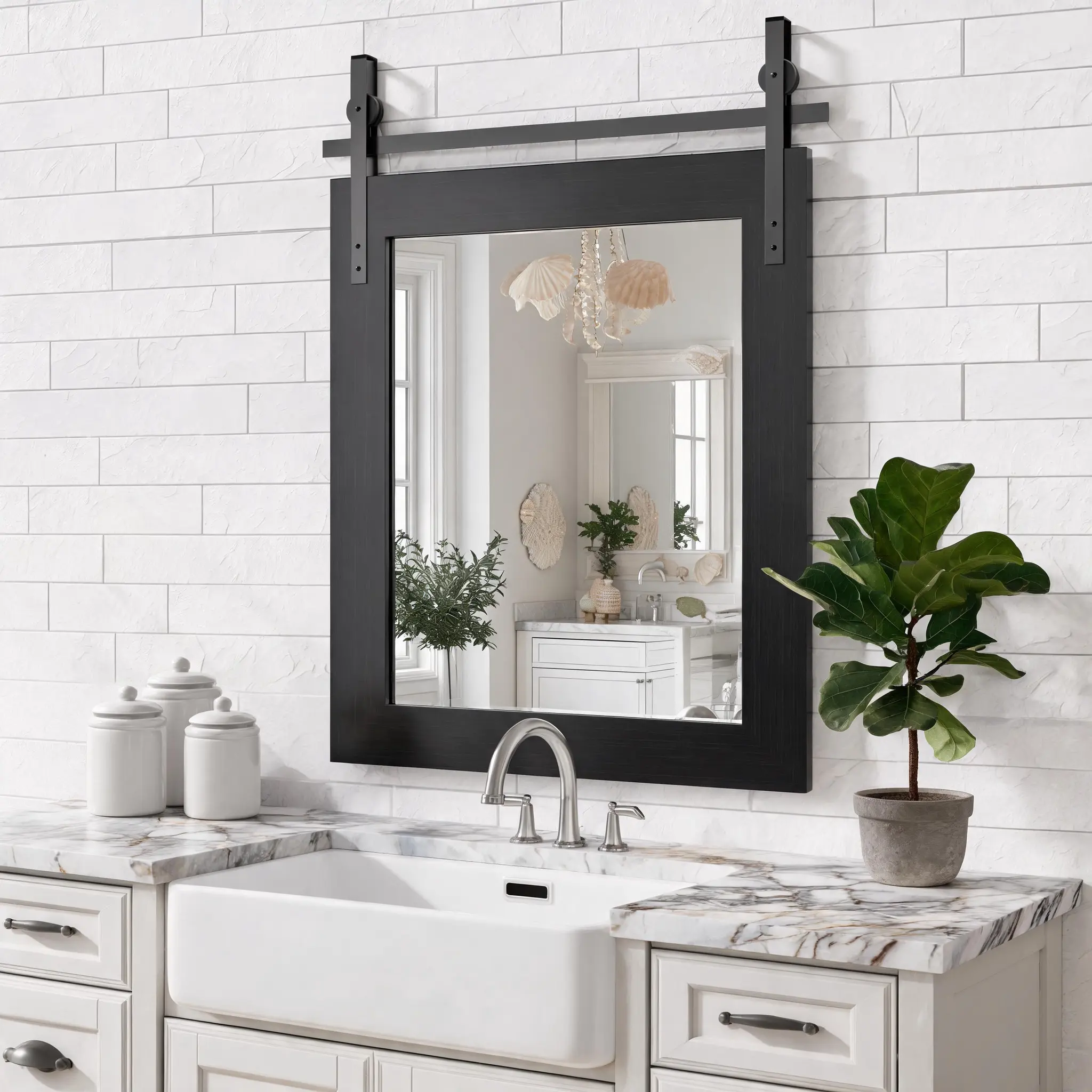 Nokaa 18x26 Inch Farmhouse Bathroom Mirror, Rustic Wood Framed Wall Mounted Vanity Mirror, Black Vintage Barn Door Style Decorative Mirror, Tempered Glass, HD Reflection, for Bathroom, Bedroom, Entryway, Living Room