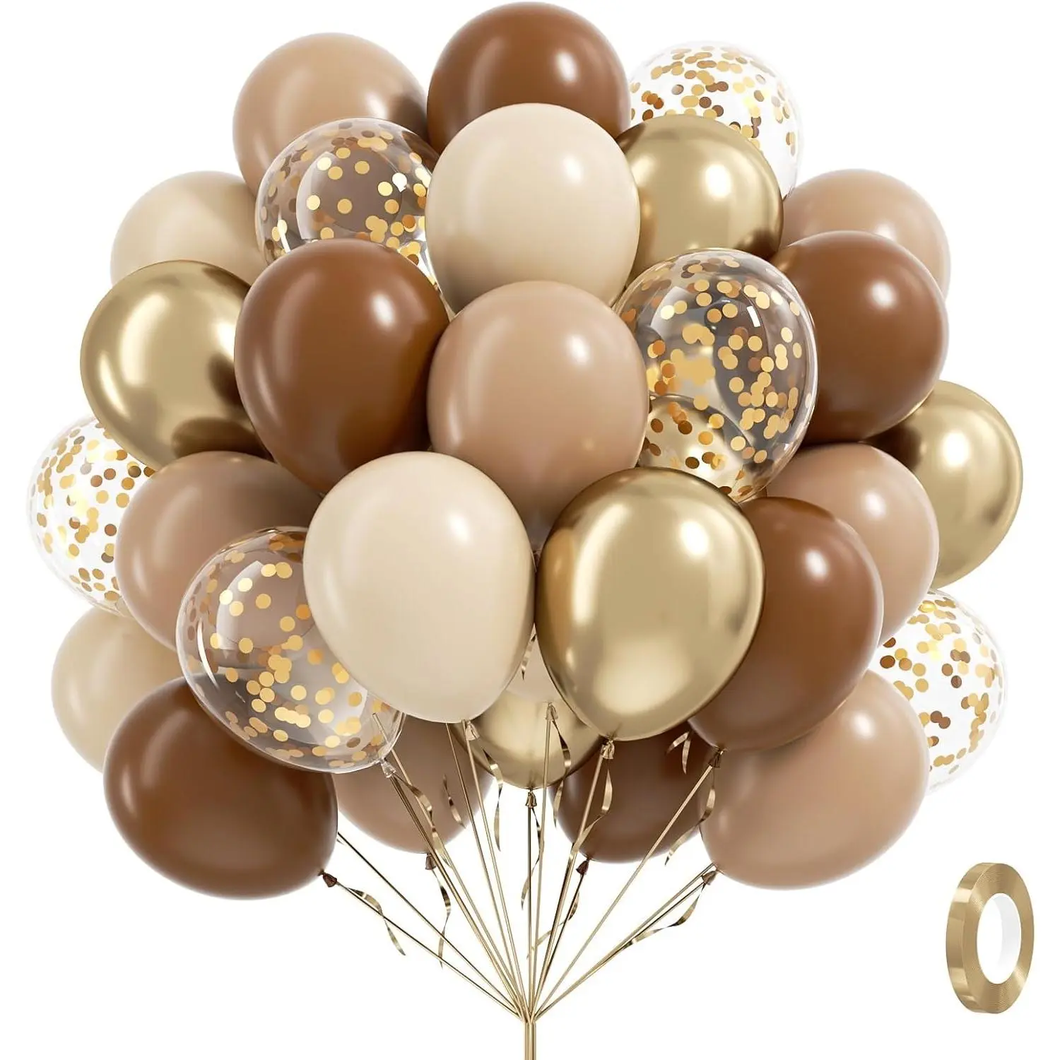 60pcs Brown and Gold Balloons for Neutral Bridal Shower, Birthday, Shower Party Decorations - Light Sand White Confetti Balloons