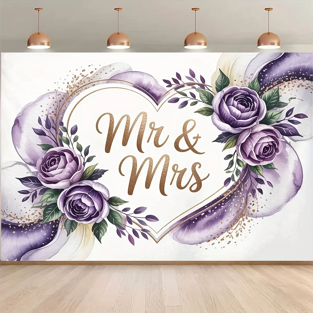 Mr & Mrs Wedding Backdrop Banner with Purple Floral Heart Design, Elegant Photo Background for Wedding Parties and Home Decor