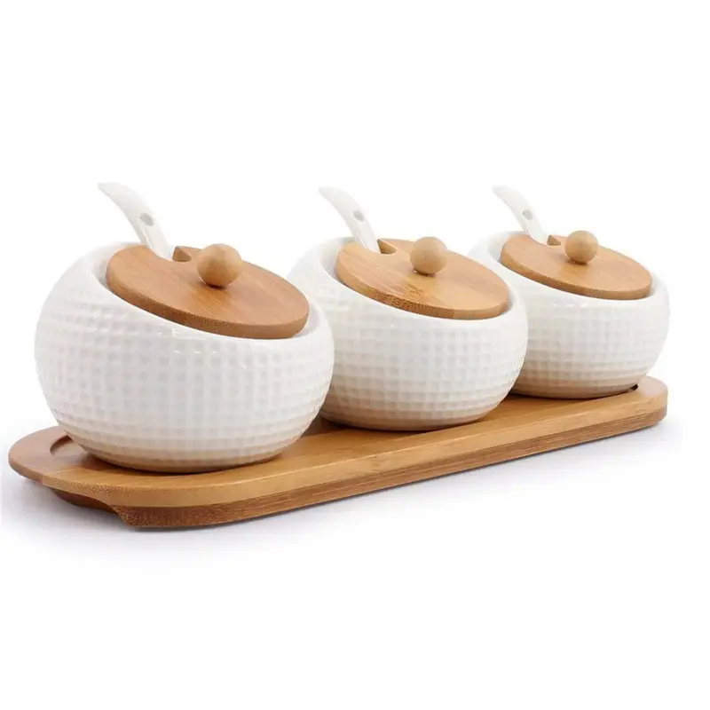 Porcelain Condiment Jar Spice Container with Lids - Bamboo Cap Holder Spot, Ceramic Serving Spoon, Wooden Tray Pottery Cruet Pot for Your Home, Kitchen, Counter.White,170 ML (5.8 OZ), Set of 3