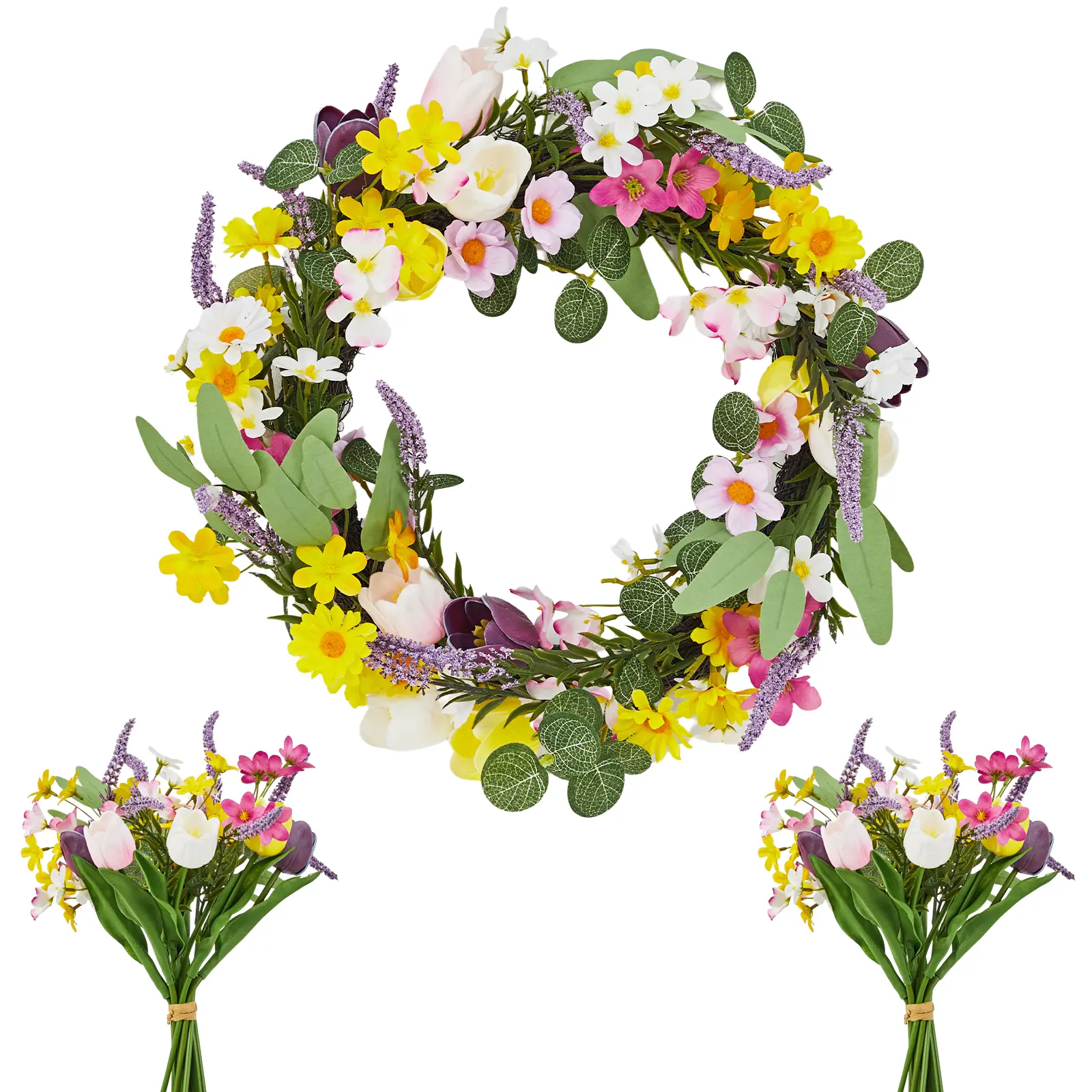 Lush Spring Front Door Wreath – Artificial Tulip, Peony & Lavender Floral Decor with Greenery, Real Rattan Base