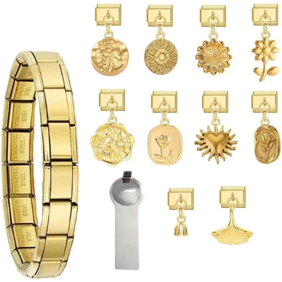 Women's Modern 9mm Modular Italian Bracelet Charm Set with Starter Bracelet, Stainless Steel Links, Opening Tools, Unisex Wear Option, Personal Gift (Flower 149)