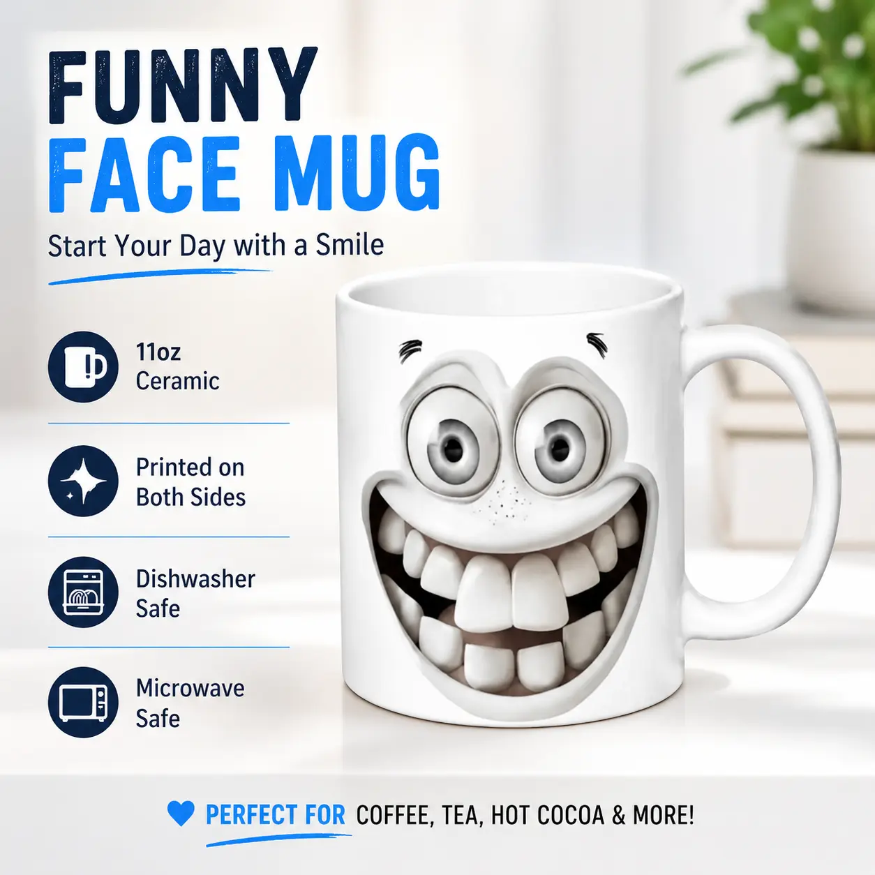 Funny Face Mug 11oz, White Ceramic Coffee Cup with Big Smile Teeth Design, Double Sided Printed Novelty Mug, Microwave Dishwasher Safe Tea Hot Cocoa Cup, Funny Gift for Coworkers Friends Men Women