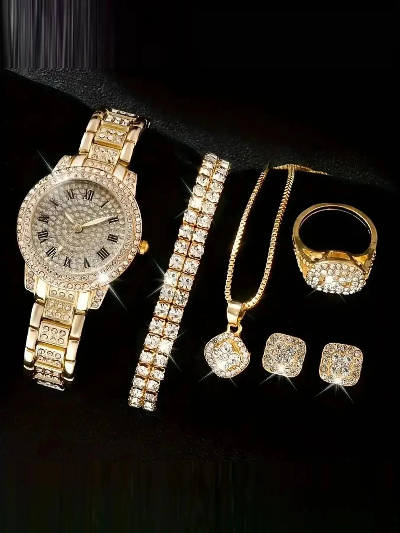Elegant Rhinestone Quartz Watch Set for Women, Includes Round Dial Analog Watch, Bracelet, Necklace, Ring, Earrings, Fashion Gift Set, Complete Accessories Set, No Box