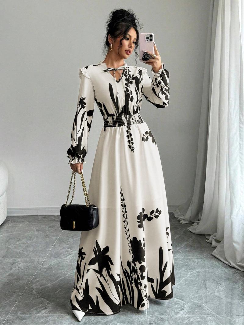 Women's Floral Print Self-Tie Neckline Dress, Fall Winter Long Sleeve A-Line Skirt Set, Bohemian Elegant Style, Slimming Waist Design