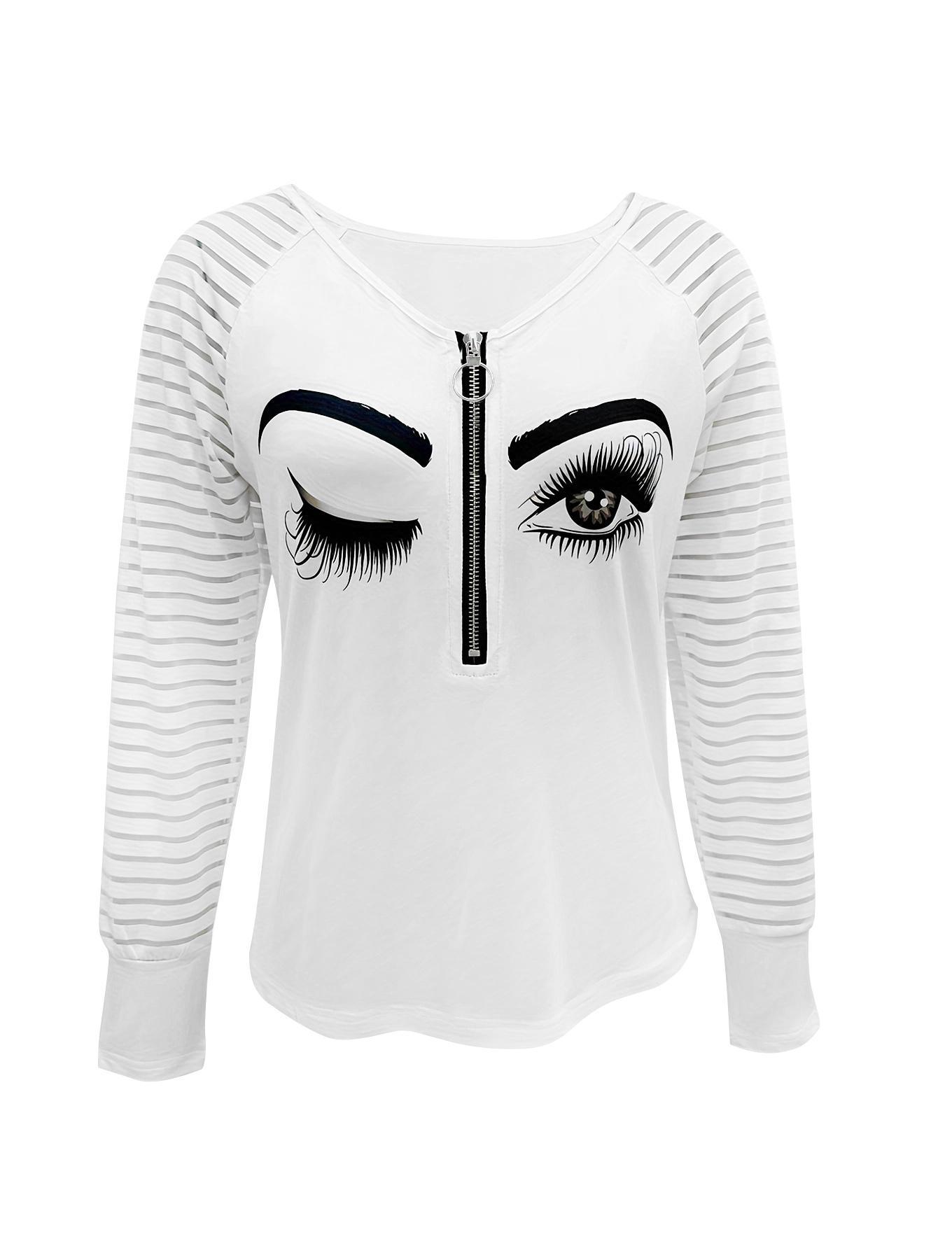 Women's Striped Graphic Print Zipper Raglan Sleeve Tee, Casual Long Sleeve V Neck T-Shirt for Spring & Fall, Summer Outfits, Lady Top for Daily Wear, Womenswear