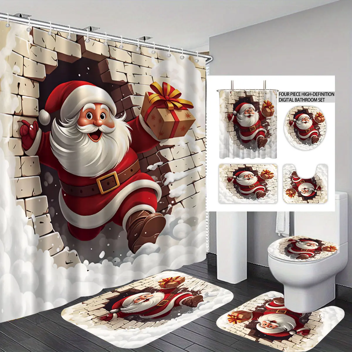 4‑Piece Digital Printed Bathroom Set,Santa Claus Break Through Wall Christmas Shower Curtain+Bath Mat+U‑Shaped Toilet Cushion+Toilet Seat Cover,Festive Bathroom Ornament,Perfect Xmas Gift