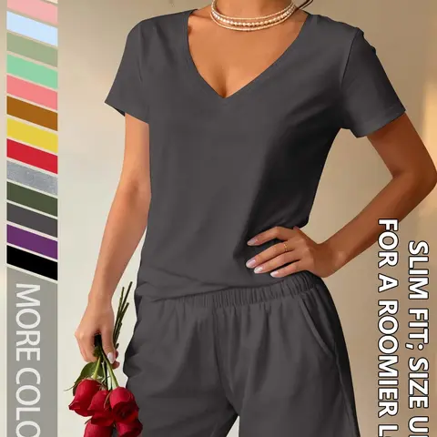 Women's Summer V-Neck Short Top & Shorts Matching Casual Everyday Set Clothes, Basic Casual Minimalist Chic Fitted Design, Pockets, Regular Length, Short Sleeve, Natural Waist, Spring & Fall Outfit Womenswear
