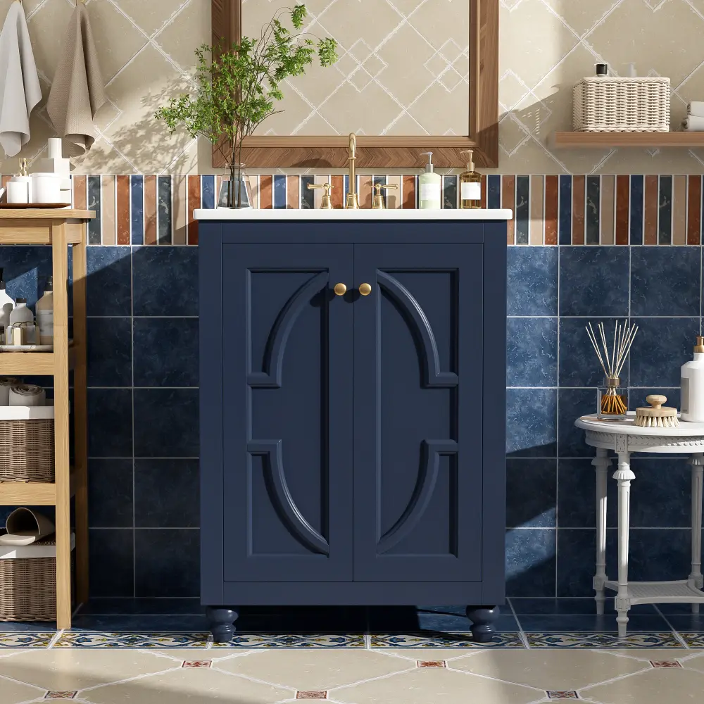 24-Inch Freestanding Modern French Motif Bathroom Vanity Table with Sink Cabinet, Elliptical Carved Design, Soft-Close Hinges, Open-Back Storage, Ball-Turned Legs for Small Bathrooms