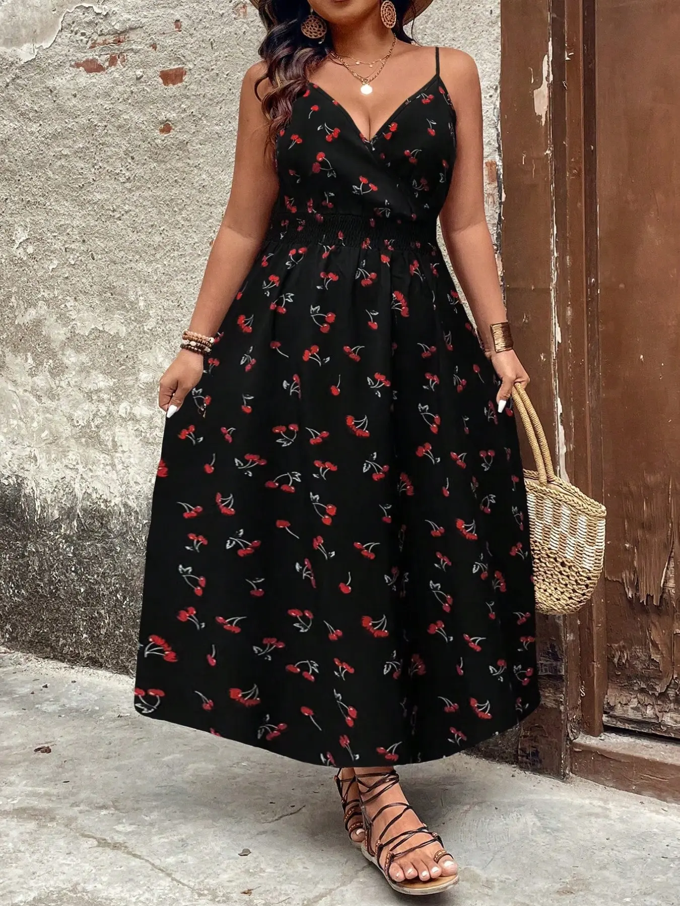 Women's Plus Size Strapless Dress, V Neck Design, Waist Tie, Cherry Print, Casual Date Wear, Everyday Versatile