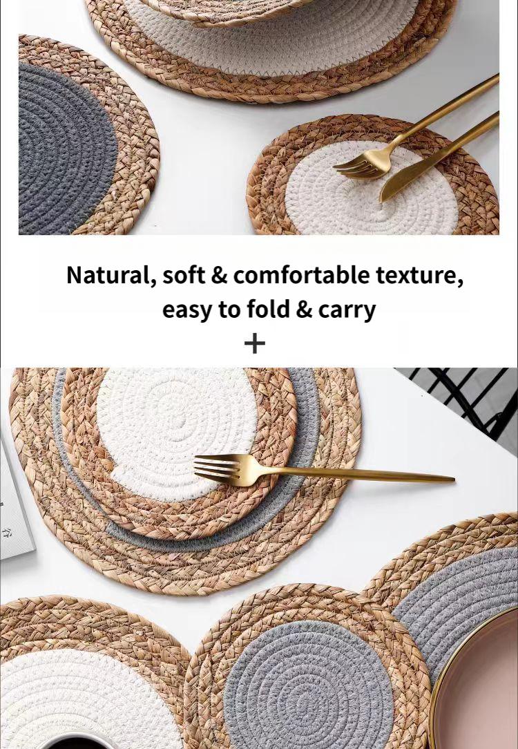 Warm-toned natural grass woven placemats, cotton rope heat-insulating placemats, decorative forest-themed coasters and plate mats