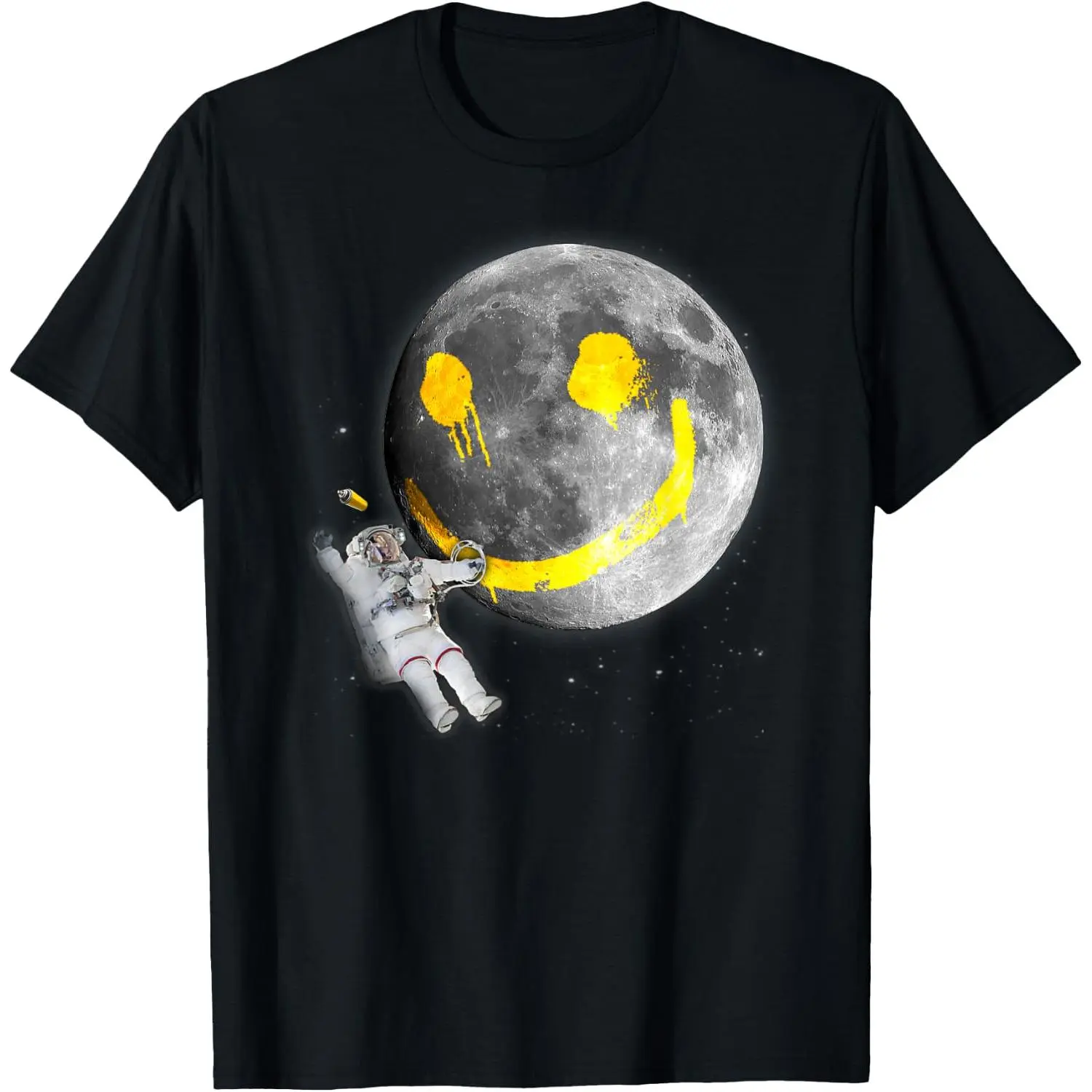 Unisex 100% Cotton Short Sleeve "Happy Face Moon Graffiti" Astronaut Space Graphic T-Shirt, Funny Science Nerd Tee, Galaxy Lover Gift Shirt, Soft Comfortable Casual Wear