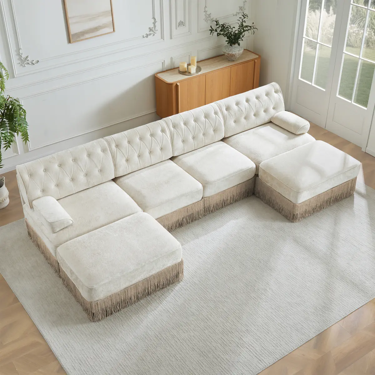 AobtkelU Shaped Breathable Comfort Velvet Fabric,Chesterfield Style Sofa,Floor-grazing Tassel Fringe Skirt,Modular Combination Design,Ergonomic design,Button Tufted Design,For Living Rooms Bedroom,Green
