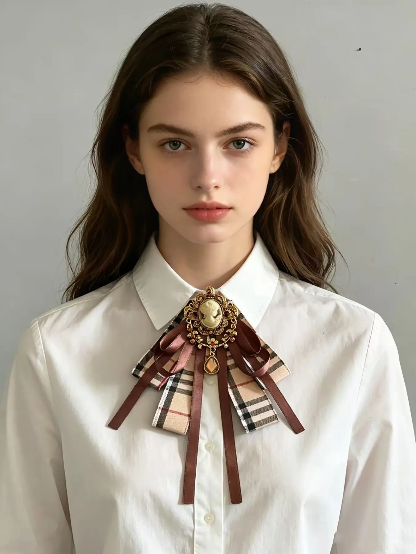 Vintage Cameo Plaid Bow Brooch, Elegant British Style Ribbon Collar Pin, Retro Brown Checkered Shirt Accessory for Women
