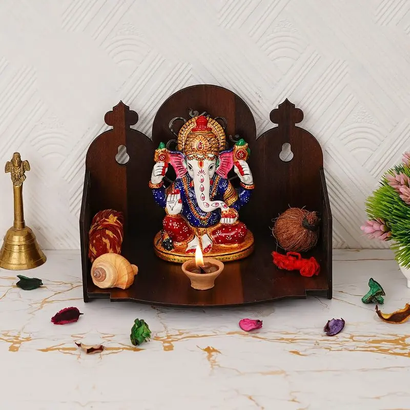 Wooden Home Pooja Mandir Wall Mounted, Small Hindu Temple Altar for Home, Handcrafted Wall Hanging Puja Shelf for Ganesha Idol, Indian Religious Decor for Home Wall, Religious Decorations