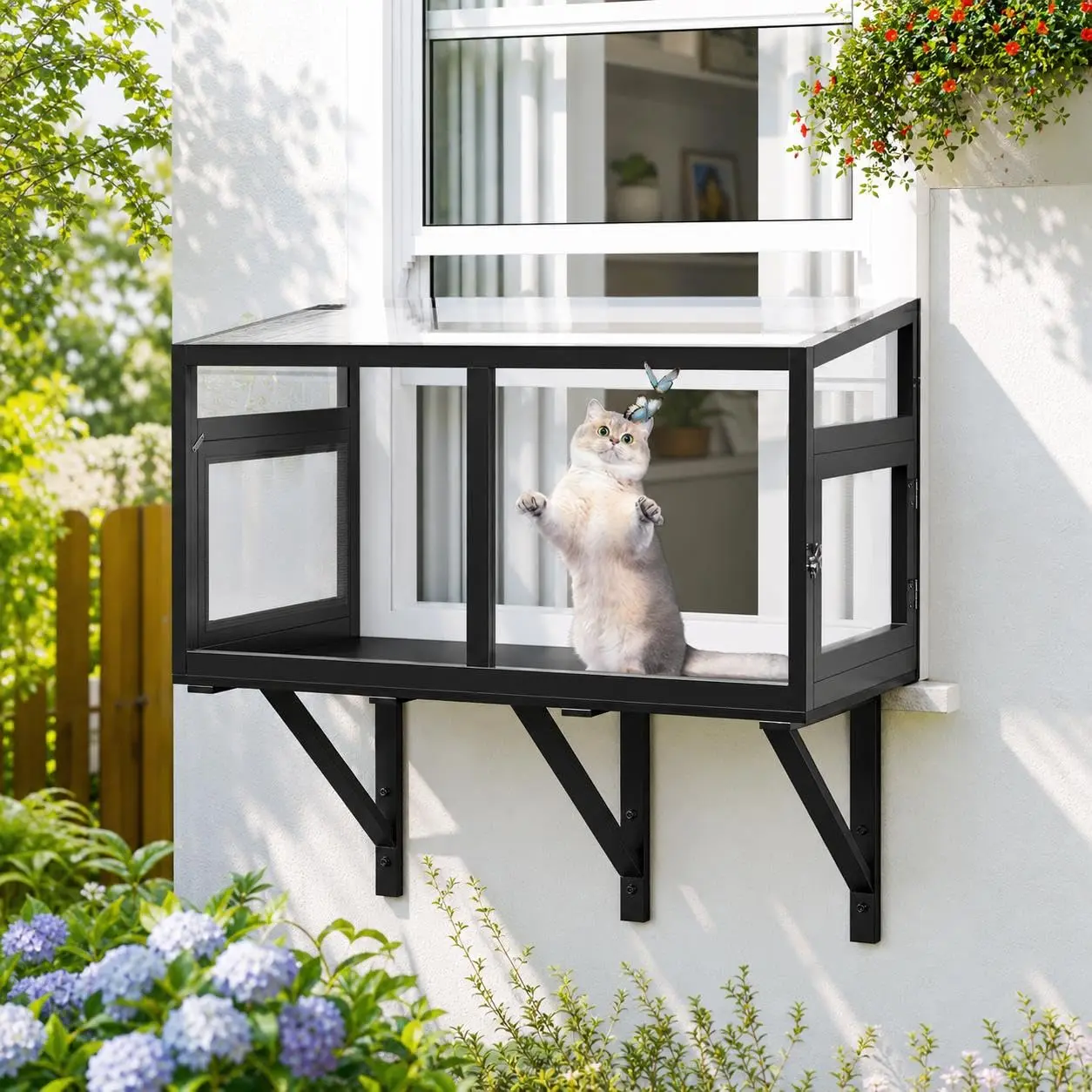 GAOMON Cat Window Box with Clear Panels, Universal Indoor/Outdoor Catio for Windows 24"-38", Weatherproof Wood Cat Window Perch for Sunbathing, Birdwatching & Napping Black