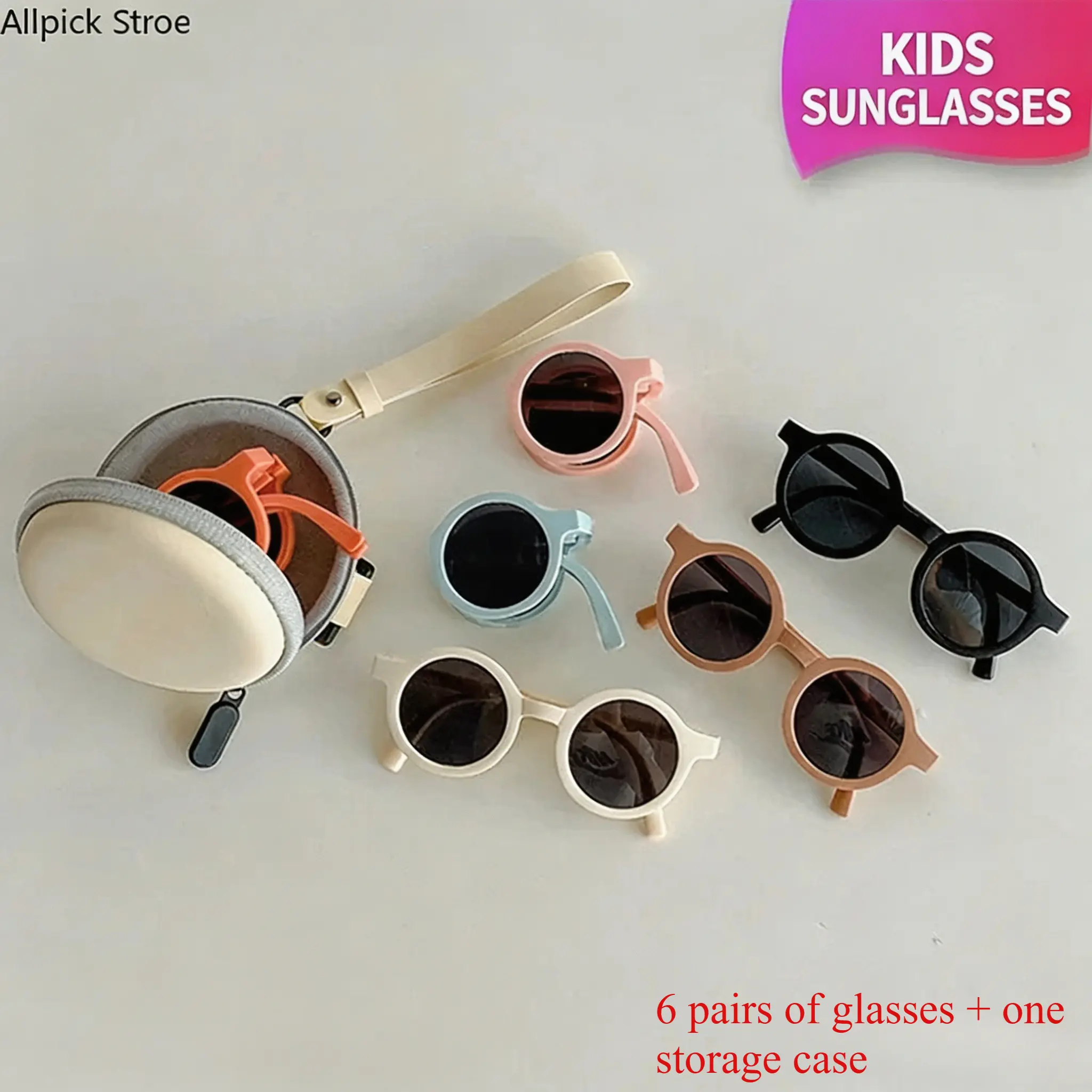 Kids' Round Plastic Sunglasses 7-Pack Set, Flexible Cartoon Frames for Boys & Girls Ages 3-14Y, for Summer Beach & Outdoor Play