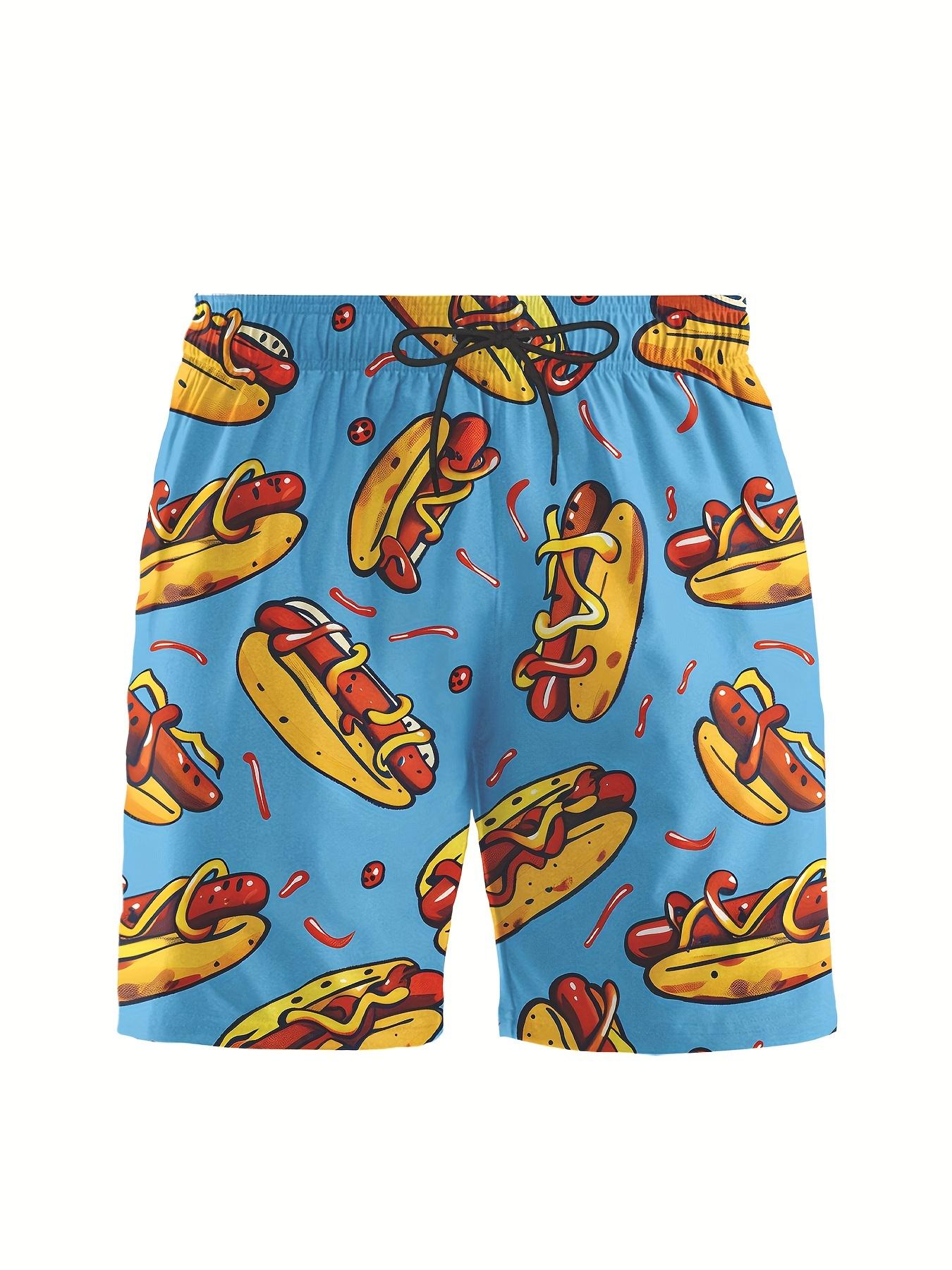 Men'S Three-Piece Vintage Beach, Featuring Hot Dogs And Ketchup Themed Activewear, Hawaiian Style Sports Outfit, Including a Shirt, Beach Shorts, And a Bucket Hat