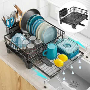 Expandable Dish Drying Rack for Kitchen Counter, Large Capacity 2-in-1 Rust Resistant Dish Drainer with Swivel Spout and Pull Out Over Sink Extension, 16.7" W x 12.6"-22.4" L, Black