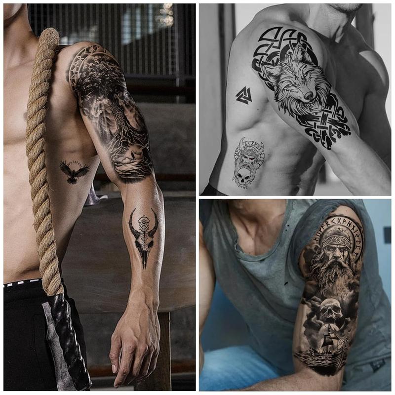 77 Sheets Viking Temporary Tattoos Adult Kids, Viking Pirate Tribal Totem Fake Tattoos Stickers, Nordic Norse Celtic Half Arm Sleeve Tattoos Body Art for Women Men