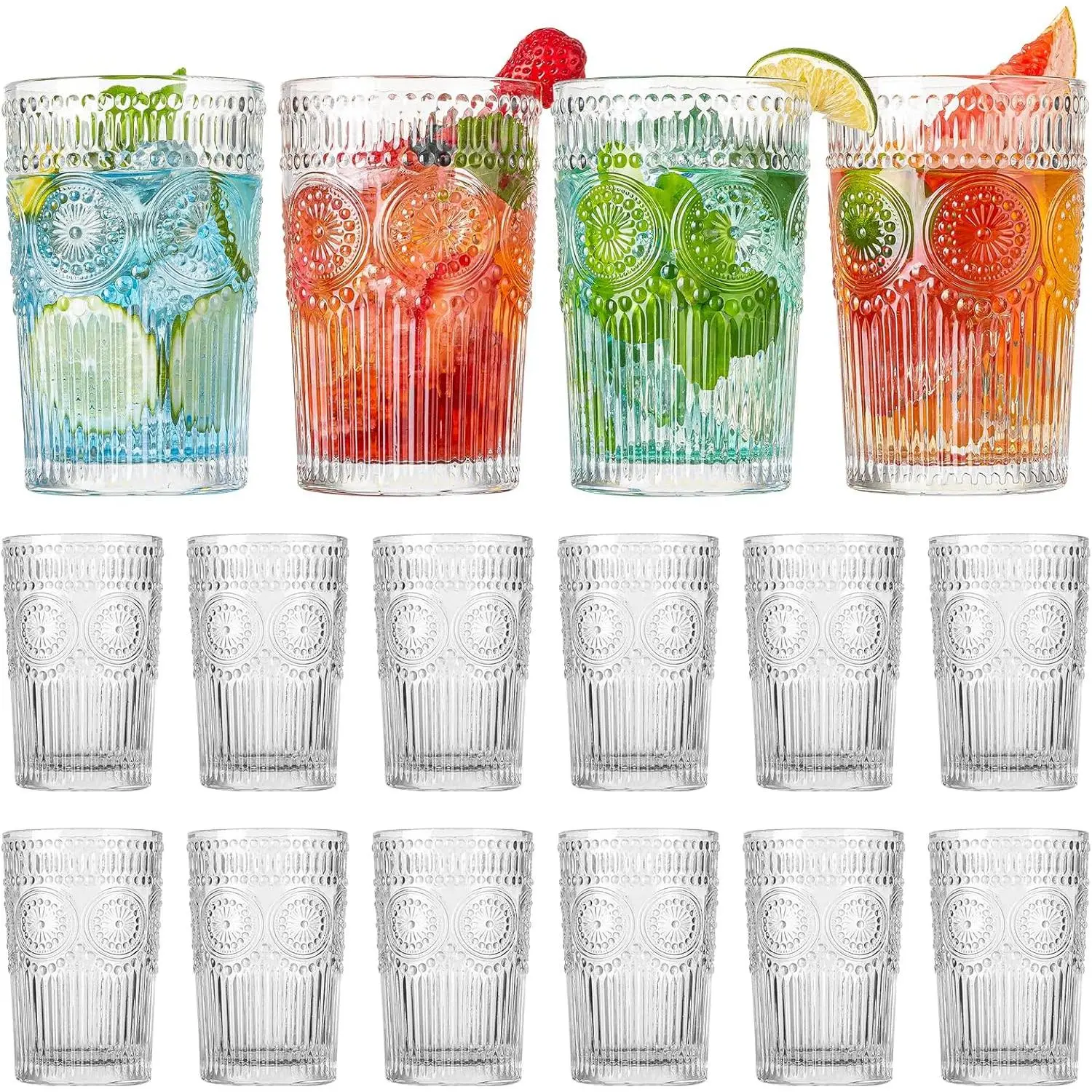 Vintage Drinking Glasses Set of 12, Textured Clear Striped Glass Cups, Ribbed Glassware Set, Tall Water Glass Tumblers, Mojito Cups, Cocktail Glass, Iced Coffee Cup, Bar Glassware