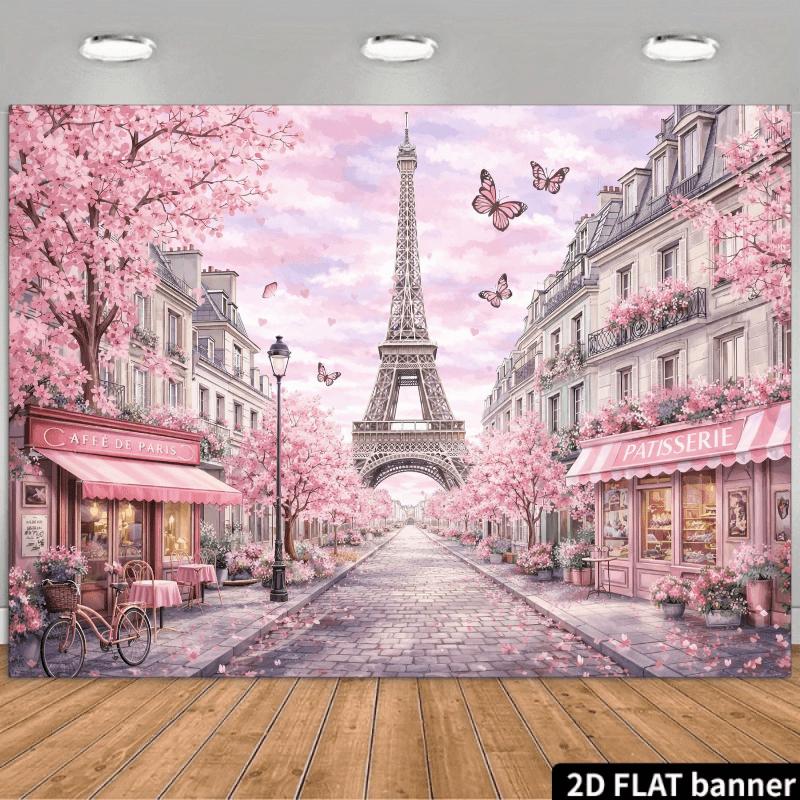 French Paris Cherry Blossom Backdrop Suitable for Wedding Decorations, Photo Studio Background with Eiffel Tower, Fountain & Pink Blossoms - Wrinkle-Resistant Spring Theme for Parties, Birthdays, Home Decor - No