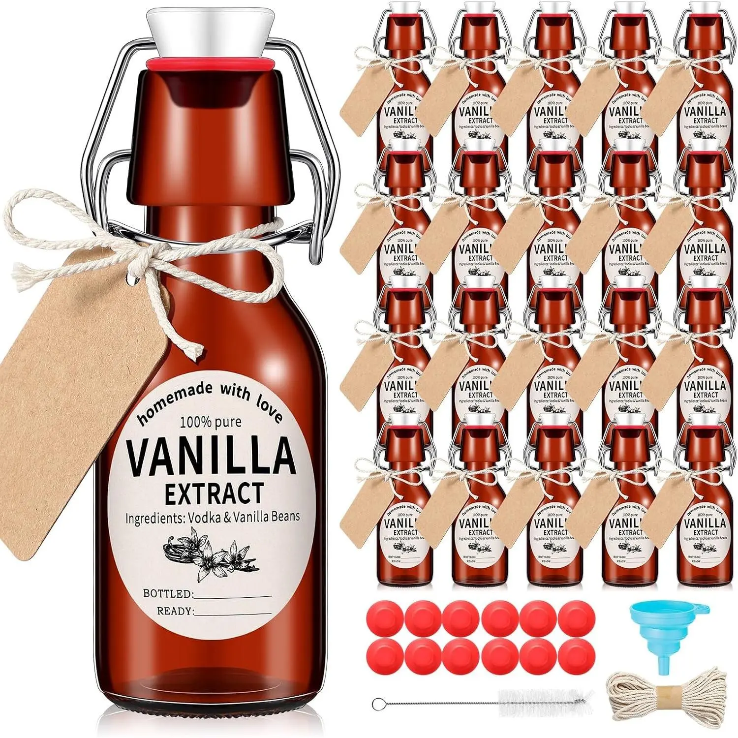 20 Sets Swing Top Amber Glass Bottles Homemade Vanilla Extract Bottles Jars for Christmas DIY Crafts (8 Oz)