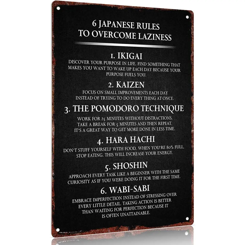 8x12 in Smooth Stable Lightweight Aluminum Decorative Hanging Wall Sign - 6 Japanese Rules (Ikigai, Kaizen, Pomodoro, Hara Hachi, Shoshin, Wabi Sabi) Inspirational Plaque for Adult Business, Holiday Farmhouse, Office Gift-Worthy Home Decor Supply, Alumini