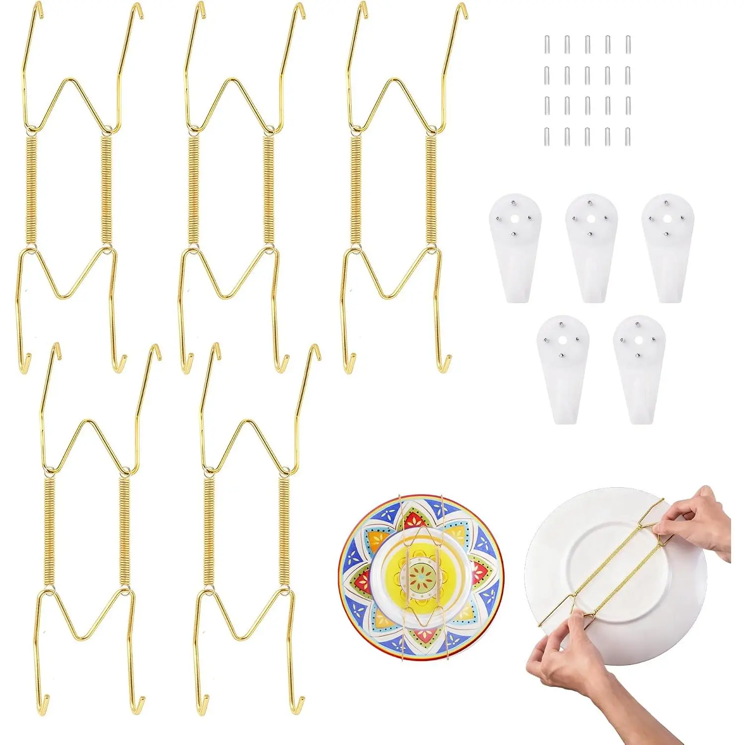 5 Pack Plate Hangers for Wall, Suitable for 8-10 inch Art Plate, Stainless Steel Invisible Heavy-Duty Wire Plate Holder with Wall Hooks, Display Hanger for Decorative Plates/Dishes/Platters()