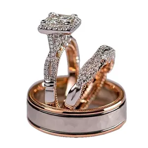 Rose gold three-piece ring set with diamonds and zircons, fully encrusted with diamonds, women's couple's ring and men's ring, two-tone, sparkling and luxurious