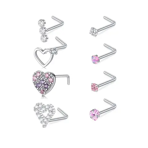 Cute Heart & Butterfly Decor Nose Stud, Stainless Steel Nose Stud Ring Set, L Shape Nose Piercing Kit, Spiral Nose Screw Stud Pack, Nose Piercing Jewelry, Body Jewellery, Piercings Jewelry
