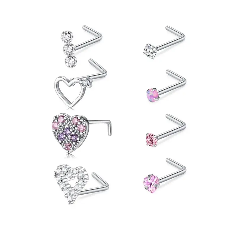 Cute Heart & Butterfly Decor Nose Stud, Stainless Steel Nose Stud Ring Set, L Shape Nose Piercing Kit, Spiral Nose Screw Stud Pack, Nose Piercing Jewelry, Body Jewellery, Piercings Jewelry