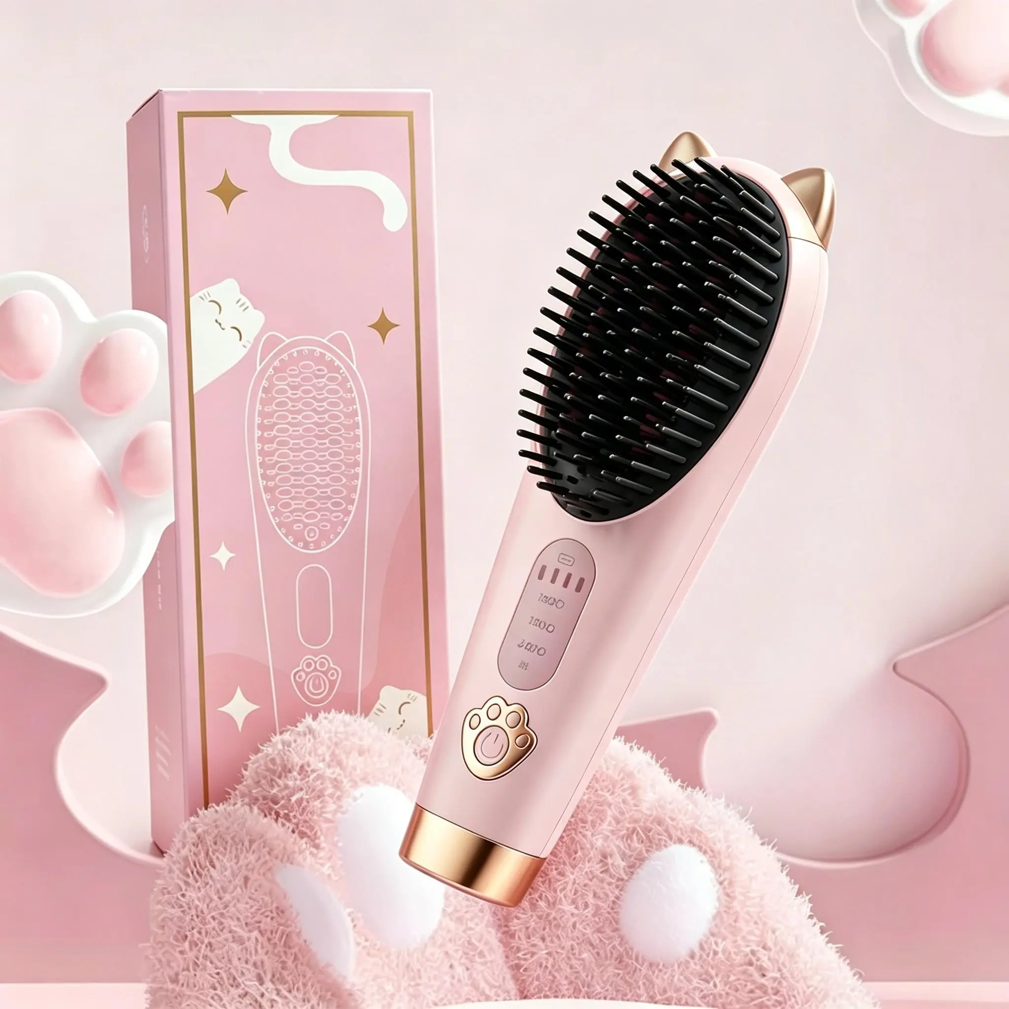 Cute Cat Ear Wireless Hair Straightener Comb, 3 Temperature Settings, Dual Function for Straight and Curl, Portable Travel Hair Tool