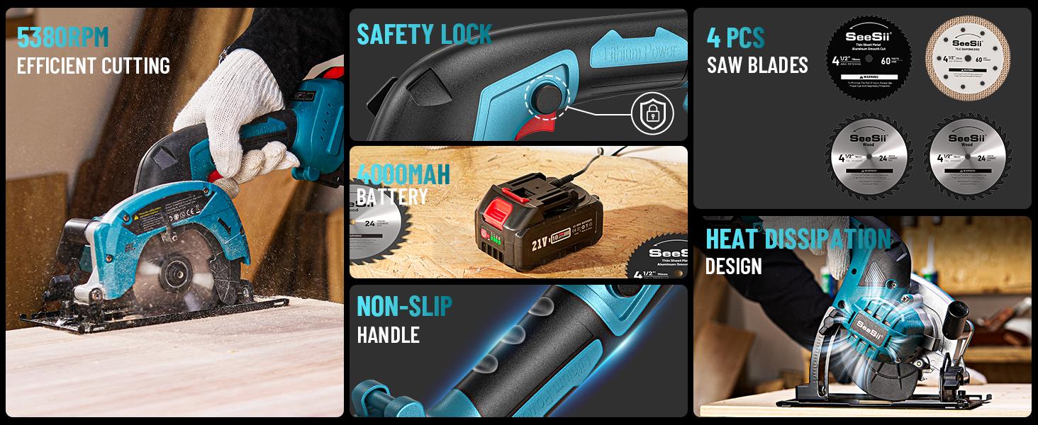 SeeSii Cordless Mini Circular Saw, 4-1/2" Electric Compact Circular Saw with 4.0Ah Battery, 5380RPM, 4 Saw Blades, Rip Guide, Max Cutting Depth 1-11/16"(90°), 1-1/8"(45°) for Wood, Plastic, Soft Metal CS410 #TikTokShopBlackFriday SeeSii Cordless Mini Circular Saw, 4-1/2" Electric Compact Circular Saw with 4.0Ah Battery, 5380RPM, 4 Saw Blades, Rip Guide, Max Cutting Depth 1-11/16"(90°), 1-1/8"(45°) for Wood, Plastic, Soft Metal CS410 #TikTokShopBlackFriday