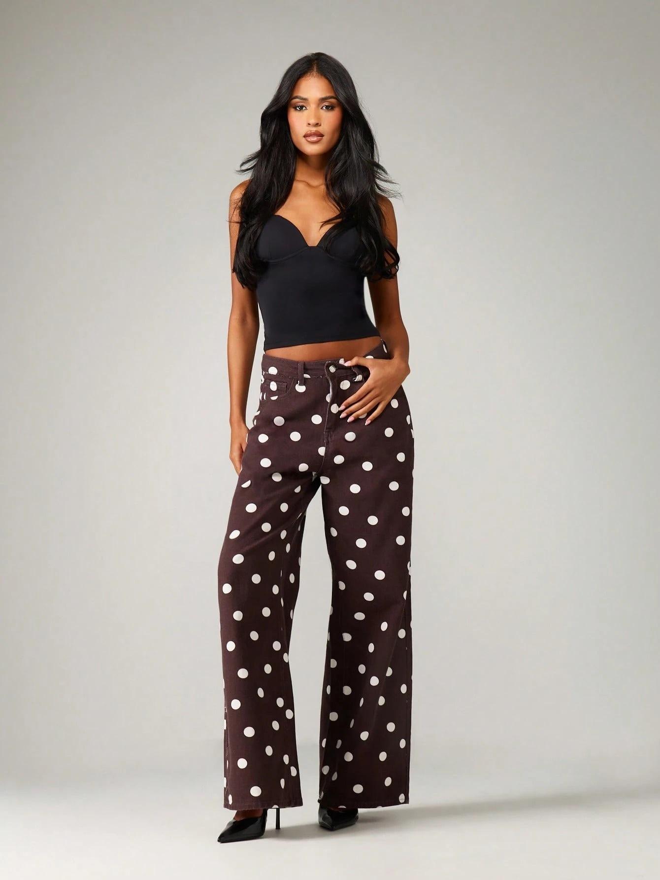 Women's Casual High-Waisted Stretch Polka Dot Straight-Leg Jeans with Pocket, High Waisted Retro Style Jeans, casual and versatile, vintage burgundy