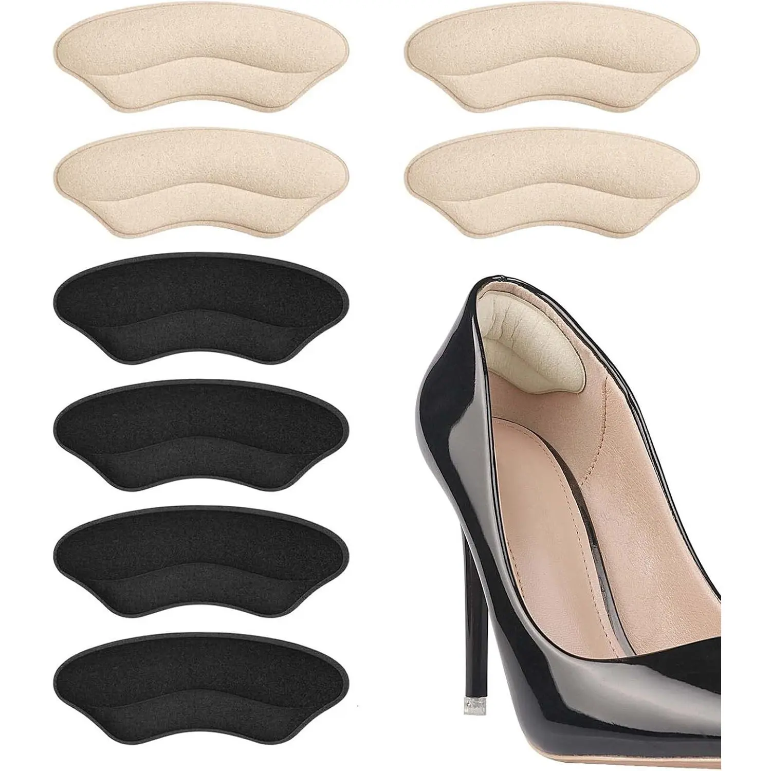 Heel Pads for Shoe that are Too Big, Inserts for Women, Heel Grips for Womens Mens, Protectors Cushion Liners for Blisters Loose Shoes, Comfort Fillers (BeigeBlack 4Pairs)