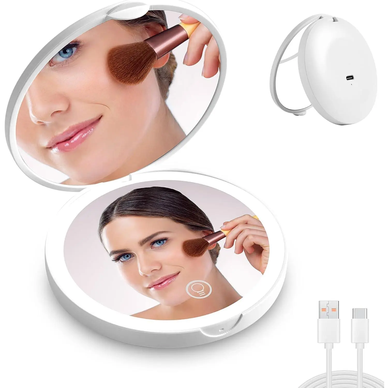 Led Travel Makeup Mirror 1x/2x Magnifying Compact Mirror with Light USB Rechargeable Small Pocket Mirror Dimmable Portable Makeup Mirror for Handbags Purses Pockets Gifts for Girls White